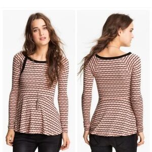 Free People Scalloped Wavy Knit Peplum Top - Blush & Black - Size Small
